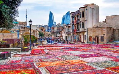 Old city Icherisheher and Flame Towers in Baku