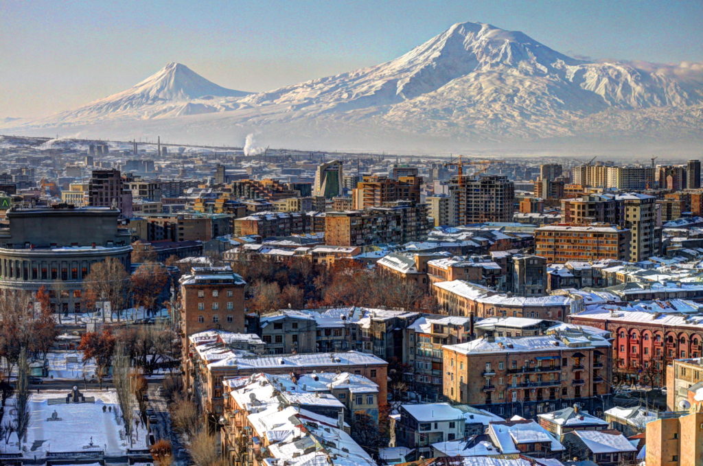 A winter view of Yerevan, Armenia, with the backdrop of Masis (Mount Ararat).