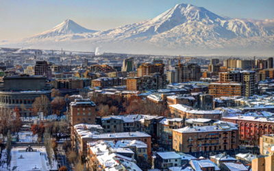 A winter view of Yerevan, Armenia, with the backdrop of Masis (Mount Ararat).